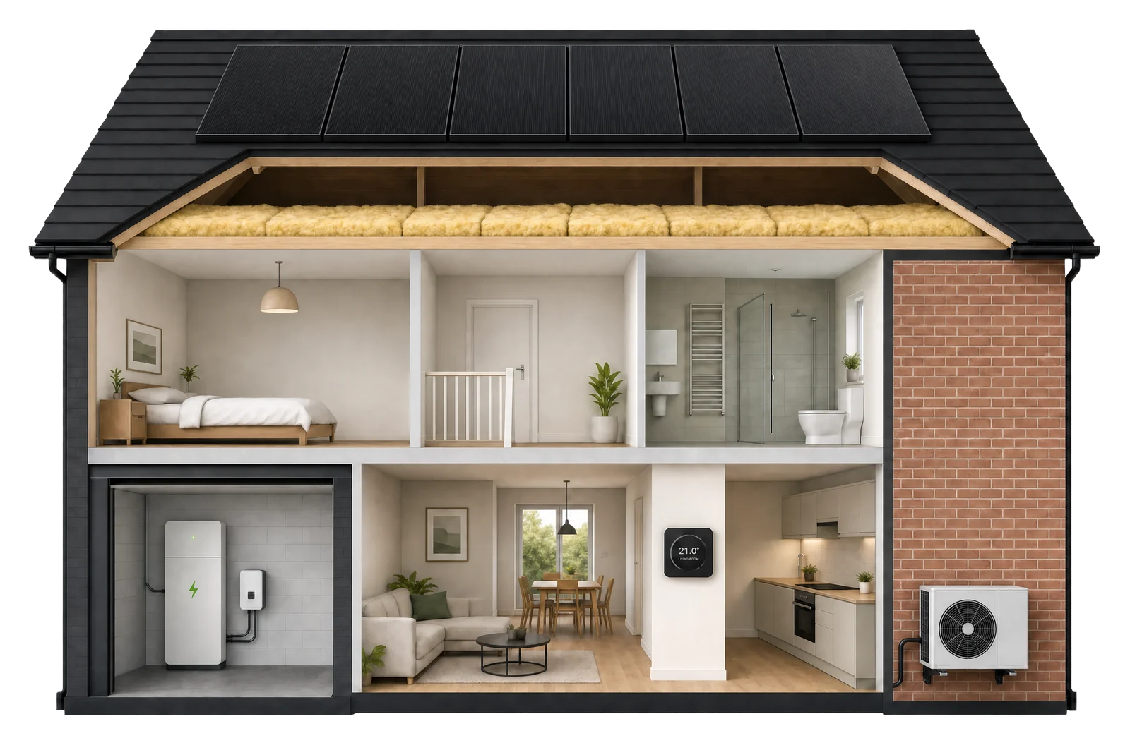 Cutaway of a home showing solar panels on the roof, loft insulation, a battery, smart heating controls and an air source heat pump